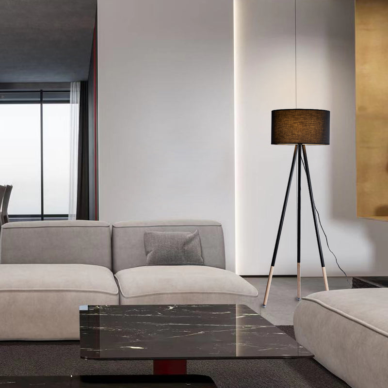Moderno  1 Light Wood Grain and Black Finish Tripod Floor Lamp