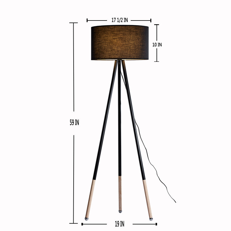 Moderno  1 Light Wood Grain and Black Finish Tripod Floor Lamp